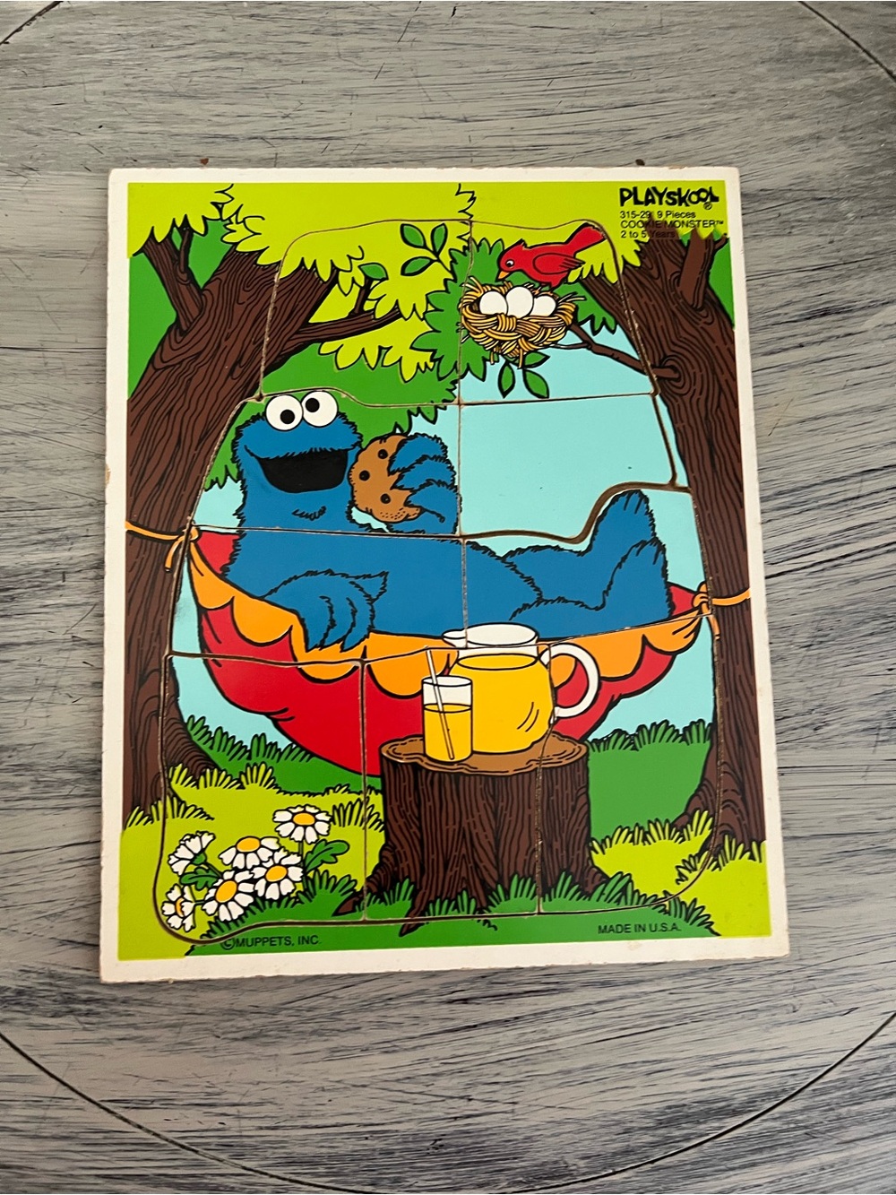 Vintage 1988 Playskool Sesame Street Cookie  Monster Wooden Puzzle - 9 Pieces